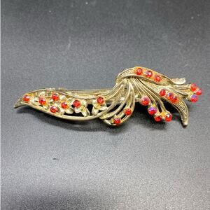 Vintage‎ Art Deco style Gold toned Barrette with Iridescent red/pink rhinestones